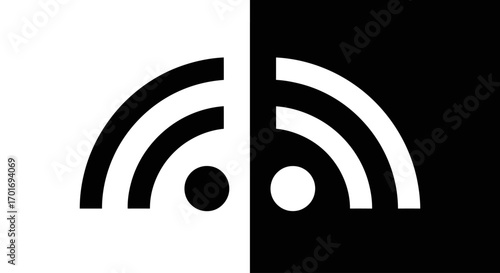 Wireless connectivity Concept: A minimalist, graphic portrayal of wireless connectivity, split between stark black and white halves, representing connection and disconnection