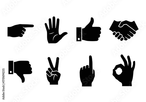 Hand Gestures Silhouettes: A collection of black hand gesture silhouettes against a minimalistic backdrop, highlighting diverse forms of non-verbal communication