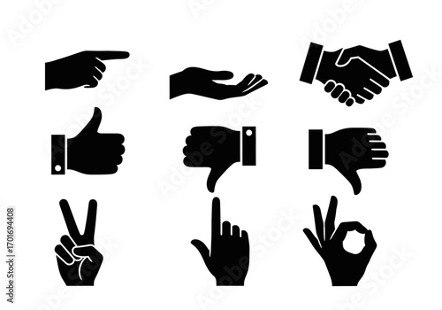 Symbolic Gestures in Black: A collection of impactful hand gestures depicted in a stark black palette, ideal for conveying messages, instructions, or emotions with a clear visual language.