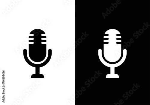 Vintage Microphone Icon: A sleek and minimalist icon of a classic microphone, presented in both positive and negative color schemes, suitable for multimedia or graphic use