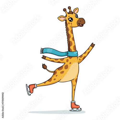 A cute cartoon giraffe wearing a blue scarf and ice skates, gracefully gliding on ice.