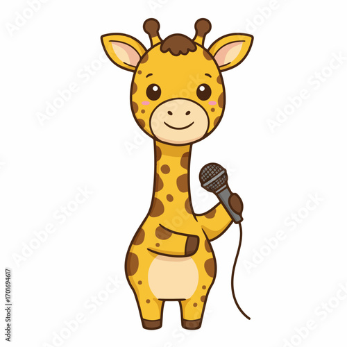 A cute cartoon giraffe holding a microphone, ready to sing or speak.