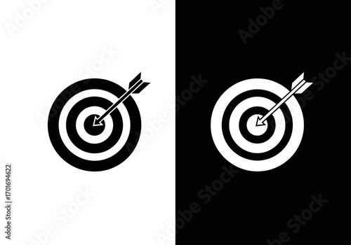 Target Archery: A monochrome visual depicting two sides of the same concept: hitting the mark. One features a black target with a white bullseye, while the other showcases a reversed aesthetic.