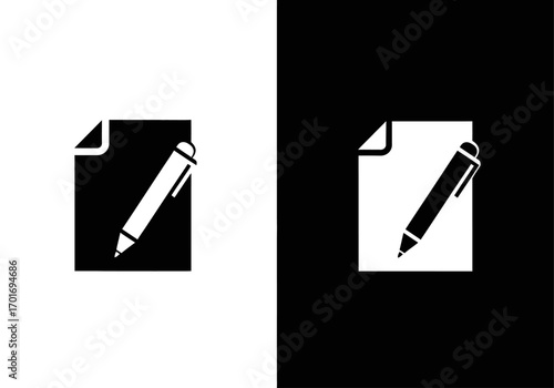 Document and Pen Iconography: A monochromatic image of a pen poised to write upon a crisp, white document, symbolizing the essence of creation and precision, conveying the clarity of simplicity.
