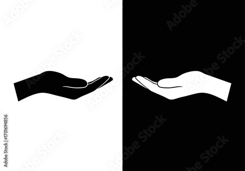 Hand Silhouette: A black and white hand silhouette, a simple yet powerful symbol, poised in a gesture of offering, giving, or receiving. The graphic presentation emphasizes the shape, form.
