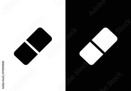 Eraser icon: A minimalist icon of an eraser, presented in a split-tone composition of black and white. Demonstrating simplicity and contrast.