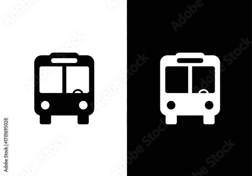 Bus Icons: Two contrasting bus icons, one in black, the other in white, represent the essence of public transport