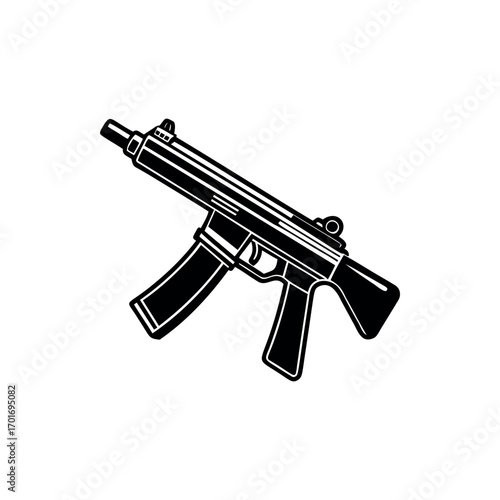 Black and white illustration of a submachine gun with a curved magazine