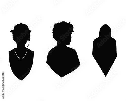 Three diverse silhouette portraits showcasing distinct hairstyles and accessories against a stark white background for creative use
