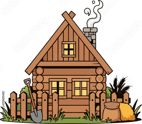 Log Cabin with Smoking Stone Chimney, Wooden Fence, Shovel, Wheat, Haystack, and Clay Pot – Rustic Farmhouse Vector
