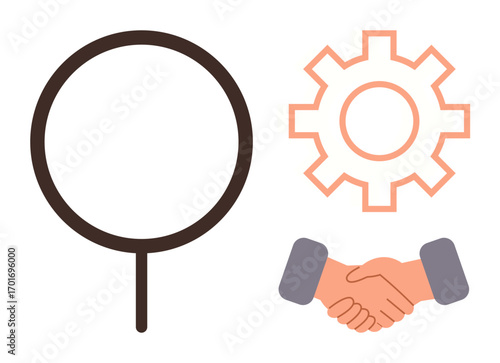 Magnifying glass, gear, and handshake emphasizing teamwork, problem-solving, and innovation. Ideal for collaboration, business strategy, research, partnership process analysis and teamwork in