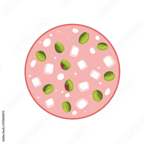 A vibrant pink ice cream with green pistachios and white chocolate chunks on a clean white background, perfect for culinary and dessert concepts.