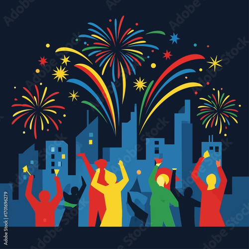 Colorful fireworks explode over a city at night, with people celebrating.