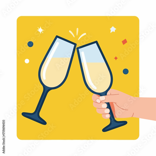 Two champagne glasses are clinking together in celebration, held by a hand, against a yellow background with confetti and stars.