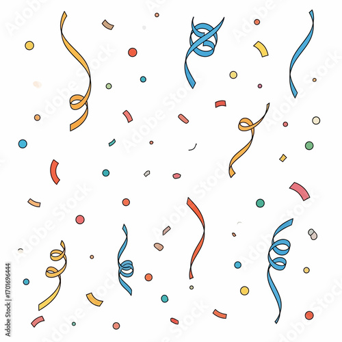 Colorful confetti and streamers scattered on a white background, creating a festive and celebratory design.