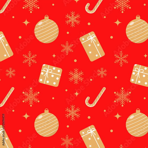 Christmas ornaments seamless pattern.Merry Xmas repeat pattern with Christmas balls, gifts, candy canes and snowflakes.Luxury winter, new year pattern in gold isolated on red background.