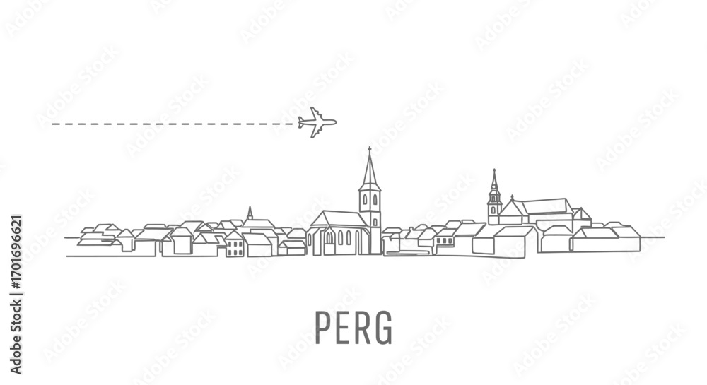 Fototapeta premium Perg Austria Skyline Lineart with Airplane Travel.