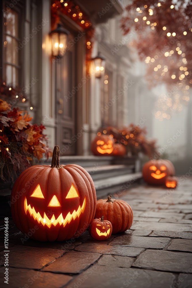Fototapeta premium Enchanting Halloween Decor featuring Vibrant JackOLanterns Amidst Autumn Leaves and Colors