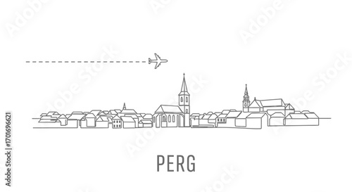 Perg Austria Skyline Lineart with Airplane Travel.