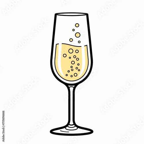A tall, slender champagne flute filled with bubbly, golden liquid and effervescent bubbles rising to the surface.