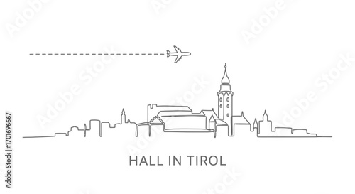 Hall in Tirol skyline with airplane with Austria travel.