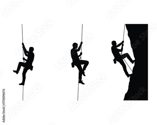 Silhouettes of three rock climbers ascending a sheer vertical cliff face using ropes and harnesses in a dynamic outdoor adventure scene