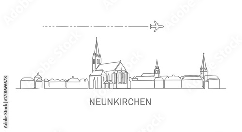 Neunkirchen Skyline with Austria, Line Art, and Airplane.