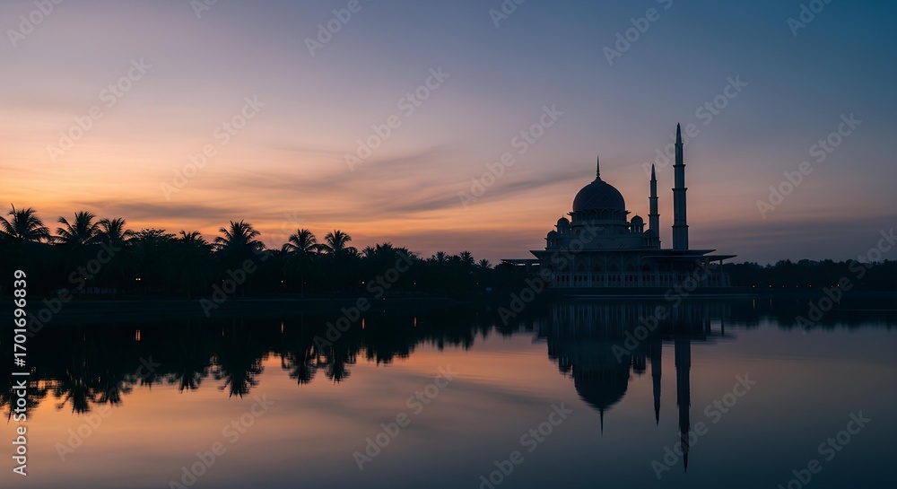 Fototapeta premium Silhouette of Putra Mosque with its reflection on the lake at sunrise