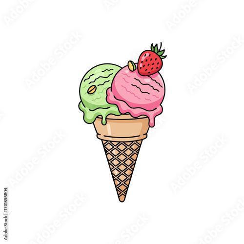 a colorful illustration of a waffle cone with two scoops of ice cream one green and one pink topped with a fresh strawberry on a clean white background for