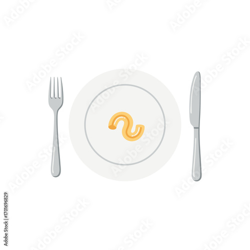 a plate of macaroni on a table with a fork and knife beside it. the macaroni is served on a white plate with a simple design. the table setting is minimalistic