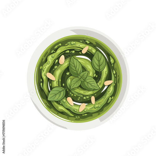 a vibrant green pesto sauce swirled in a bowl with fresh basil leaves and toasted pine nuts on a clean white background for culinary and nutrition concepts