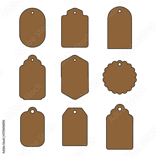 Collection of brown gift tags with various shapes for crafts and product labeling.