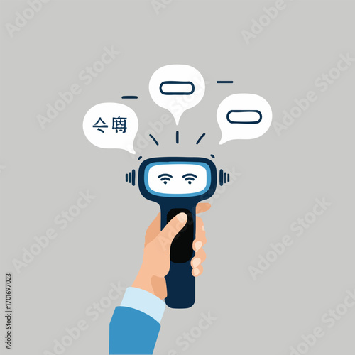 International Translation Day vector illustration featuring global language network, translation devices, language scripts, and digital communication symbols in solid colors.