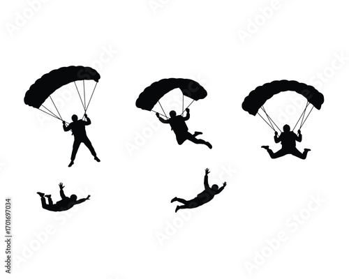 Silhouettes of skydivers in various dynamic poses during freefall and parachute descent against a white background