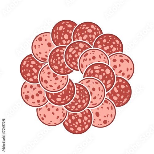 A vibrant arrangement of sliced pepperoni on a clean white background, showcasing the spicy cured meat's texture and pattern, ideal for culinary designs and