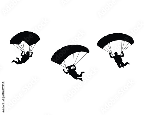 Three silhouette figures descending with parachutes open against a white background in a dynamic illustration
