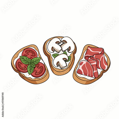 A delicious assortment of toasted bread slices topped with fresh ingredients including juicy tomatoes basil creamy burrata cheese and savory cured ham on a