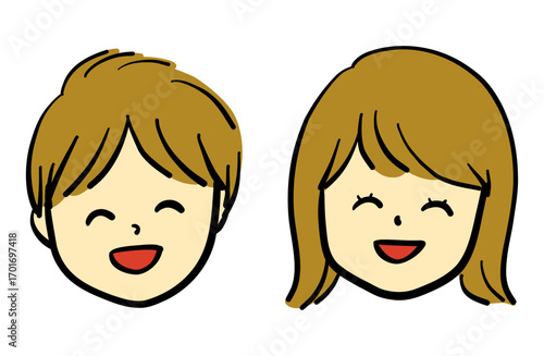 手描きの笑顔の男の子と女の子の顔イラスト