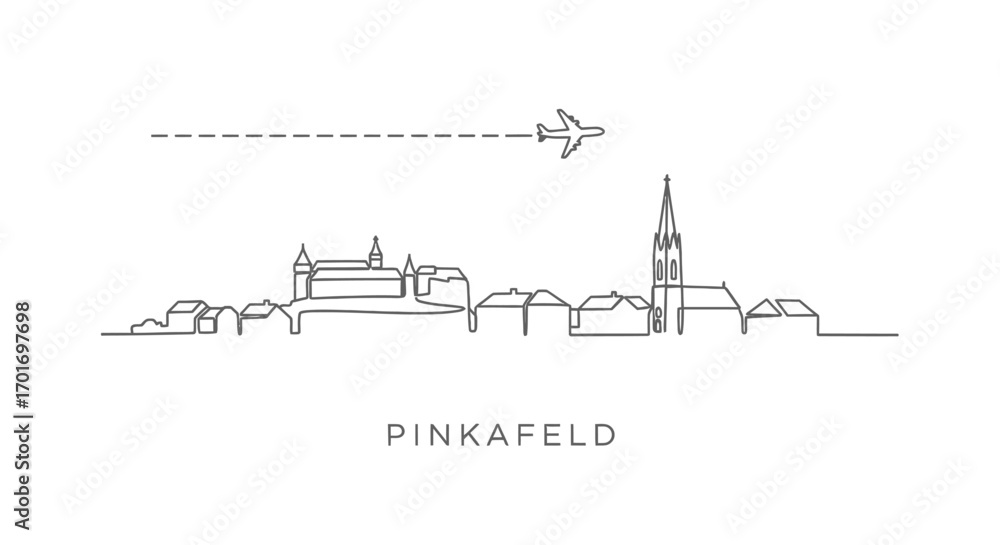 Fototapeta premium Pinkafeld Skyline with Line Art, Airplane, and Travel.