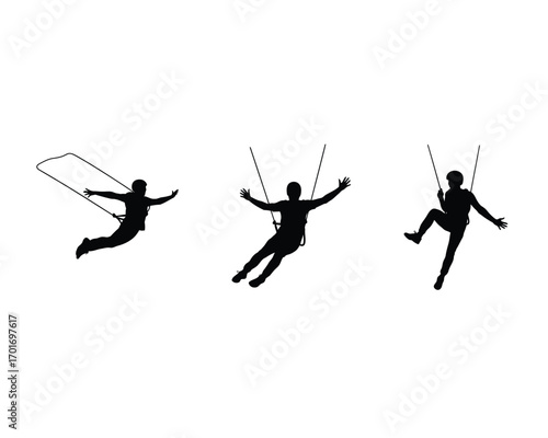 Silhouette of a person performing acrobatic swings and aerial maneuvers against a white background