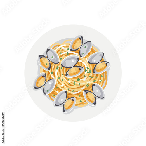A delicious plate of spaghetti with mussels on a white background representing italian cuisine and healthy eating with a minimalist style and detailed food