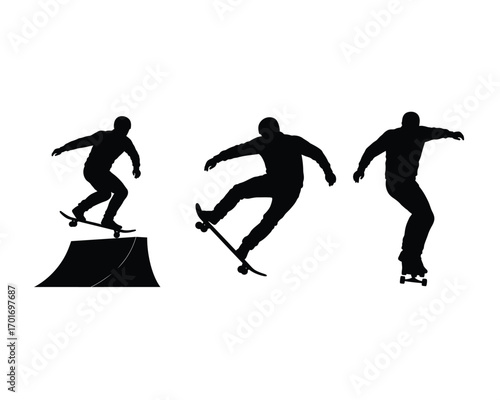 Dynamic silhouettes of skateboarders performing tricks on a ramp and in midair against a white background