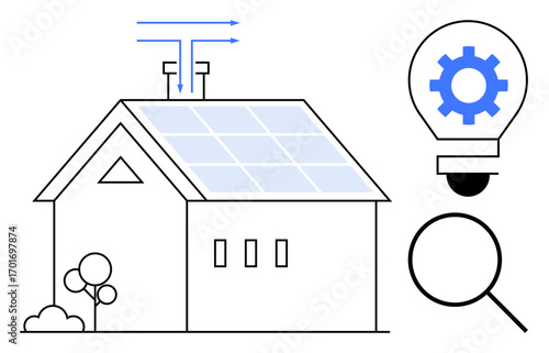 House with solar panels and trees, airflow representation, magnifying glass, and lightbulb with gear. Ideal for energy, sustainability, innovation, technology, green living research efficiency