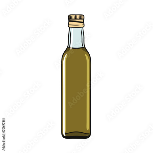 a glass bottle filled with olive oil and sealed with a cork stopper on a white background