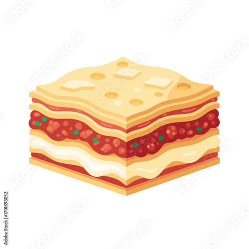 A delicious slice of lasagna with melted cheese on top and layers of pasta meat sauce and ricotta cheese in a casual dining setting with a focus on italian