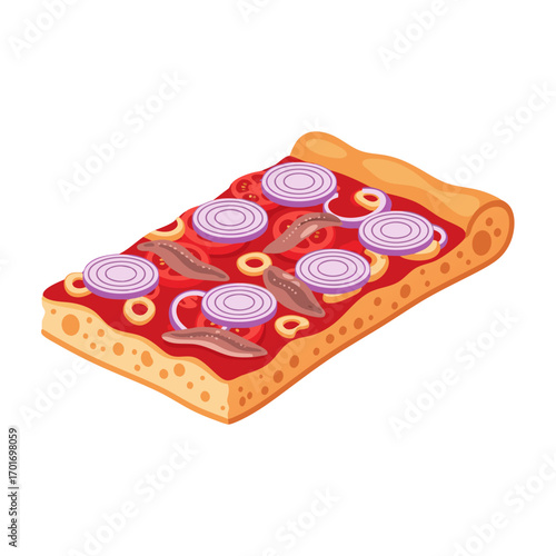 a delicious rectangular pizza slice topped with red sauce purple onions and anchovies on a white background perfect for food blogs menus or culinary