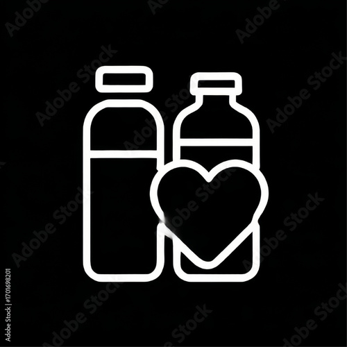 Outline icon of two bottles and a heart, white lines, representing healthy drinks and wellness on a black background with copy space