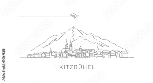 Kitzbhel line art with Austria, and mountain town.