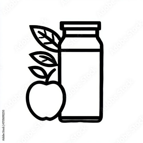 Outline icon of an apple, leaves, and a bottle, black and white, representing healthy drinks and natural beverages with copy space
