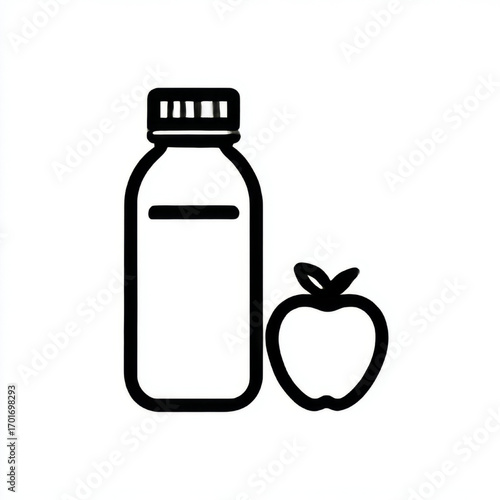Outline icon of an apple and a bottle, black and white, representing healthy drinks and hydration with copy space